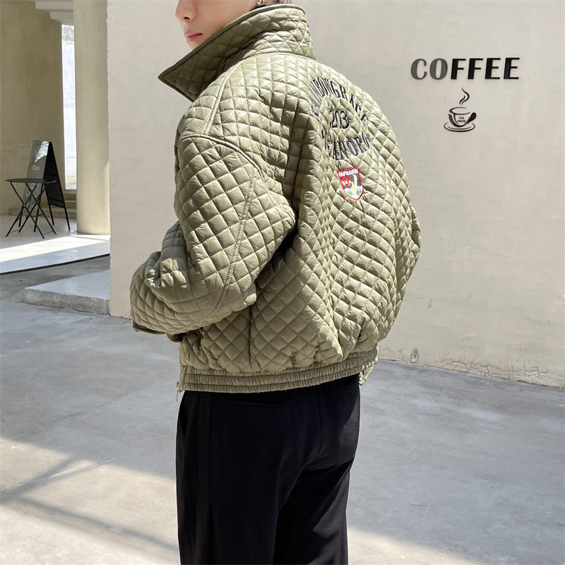 绿色格子羽绒棉服男士立领刺绣飞行服秋冬季潮牌短款外套男1066，男装棉衣，电商C208