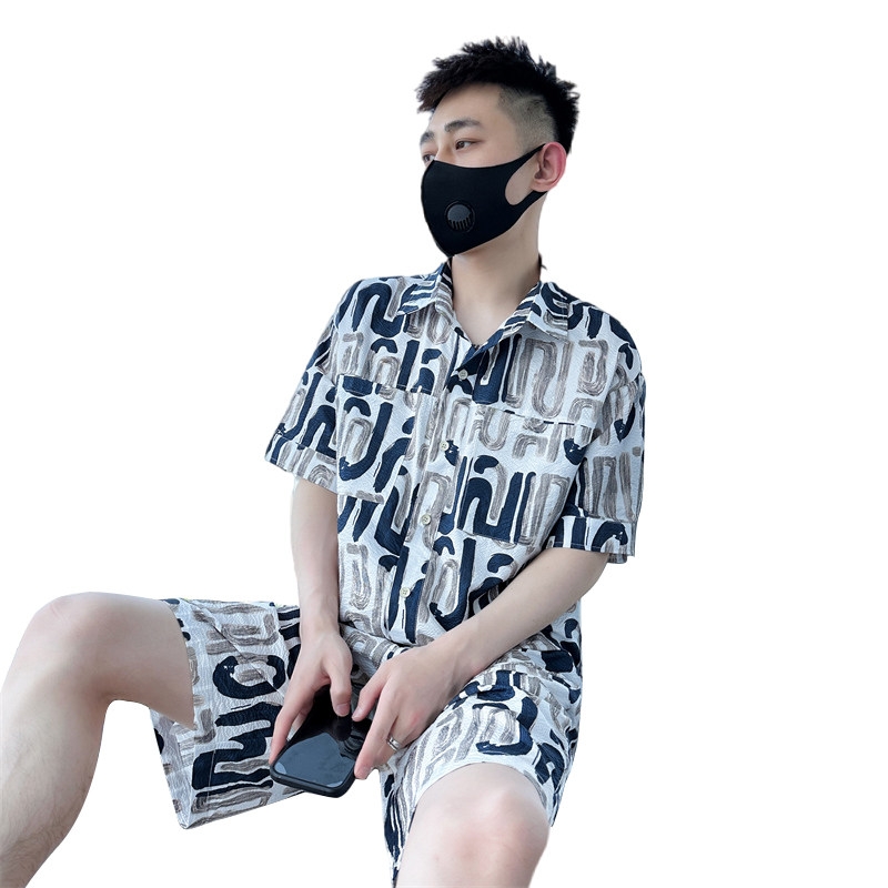 社会小伙夏季男士短袖短裤套装男半袖花衬衫两件套C208-8884-P88,男装牛仔裤,电商C208