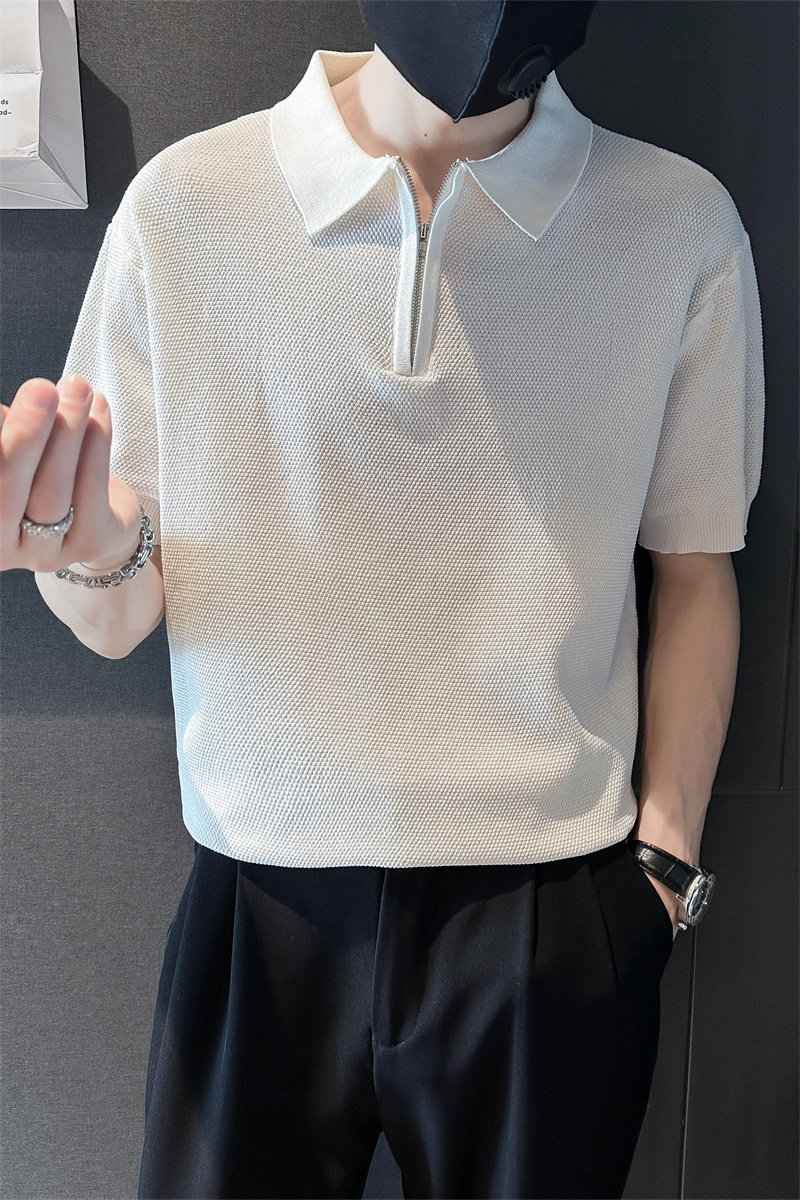 精神小伙夏季男士短袖t恤纯色polo衫翻领白色针织衫C203-8867-P58,男装T恤,电商C208