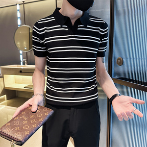 社会小伙夏季男士短袖t恤修身条纹翻领半袖polo衫C203-8871-特P48图片