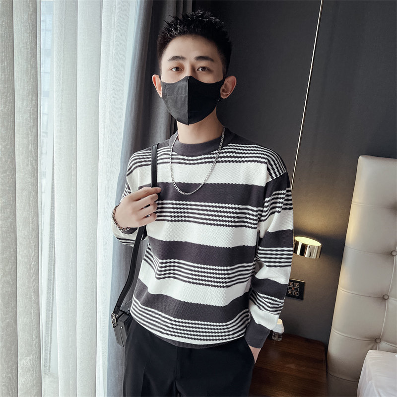 社会小伙秋冬男士条纹针织衫圆领套头修身打底毛衣C203-8845-P68,男装T恤,电商C208