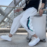 时尚潮流青年男生黑色休闲裤螺纹拼接华夫格条纹裤子C203-6704P58，男装休闲裤，电商C208