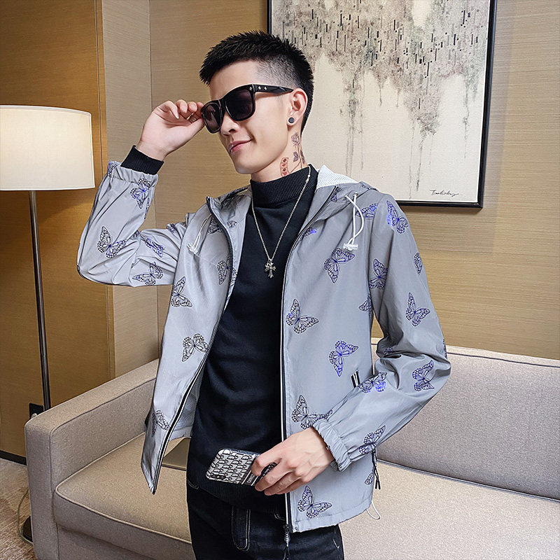 社会小伙春秋季男士修身连帽反光夹克蝴蝶烫金夜光外套C203-5071,男装夹克,电商C208
