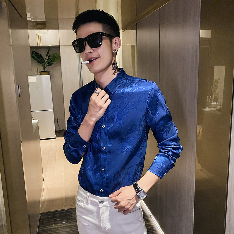 社会小伙春秋季男士长袖衬衣男龙纹提花潮流修身衬衫5058-P45控68,男装衬衫,电商C208