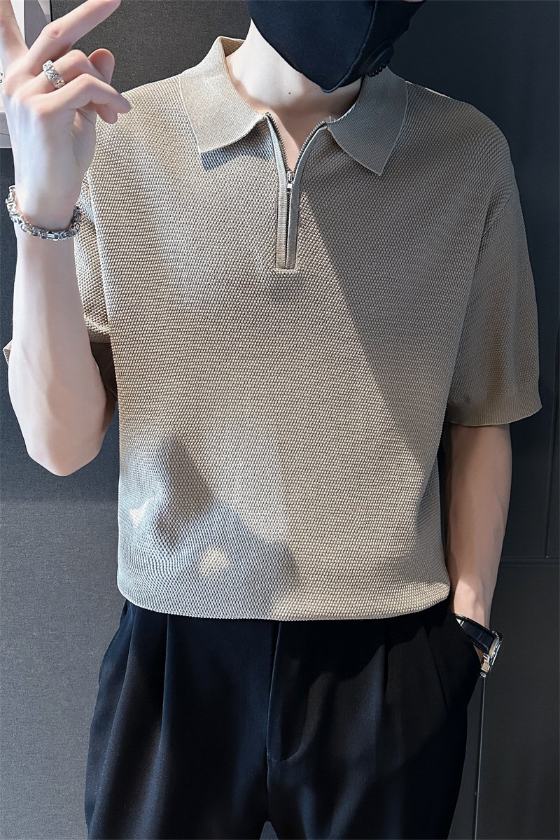 夏季男士新款短袖t恤V领拉链纯色针织衫翻领Polo衫C203-8867-P58,男装T恤,电商C208