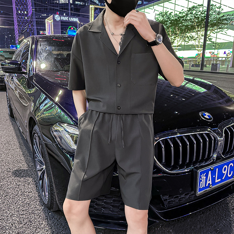 精神小伙夏季纯色套装男士短袖衬衫短裤两件套C208-8874-P88控138，男装牛仔裤，电商C208