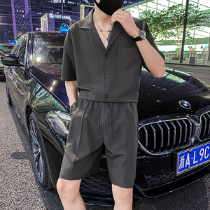 精神小伙夏季纯色套装男士短袖衬衫短裤两件套C208-8874-P88控138，男装牛仔裤，电商C208