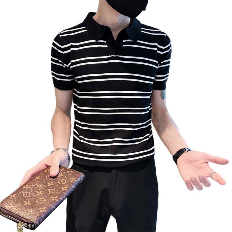 精神小伙夏季男士短袖t恤修身条纹翻领黑色polo衫C203-8871-特P48,男装T恤,电商C208