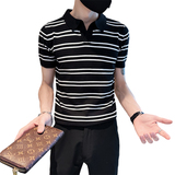 精神小伙夏季男士短袖t恤修身条纹翻领黑色polo衫C203-8871-特P48，男装T恤，电商C208
