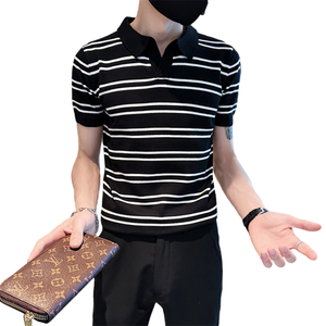 精神小伙夏季男士短袖t恤修身条纹翻领黑色polo衫C203-8871-特P48图片