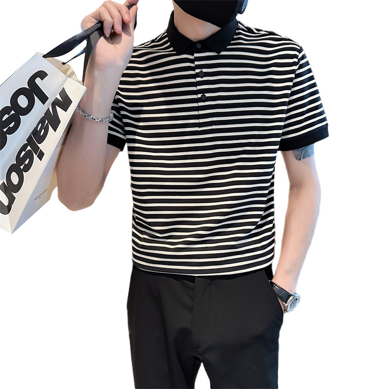 社会小伙夏季短袖t恤男翻领修身polo衫半袖条纹体恤C203-8863-P58,男装T恤,电商C208