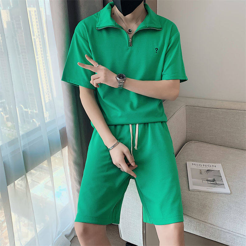 社会小伙夏季男生短袖短裤纯色套装时尚休闲翻领T恤C203-6695-P88，男装牛仔裤，电商C208