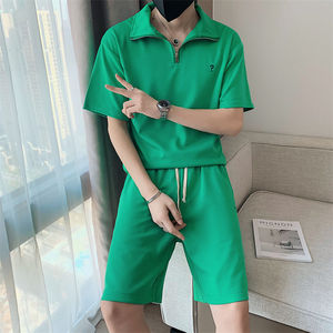 社会小伙夏季男生短袖短裤纯色套装时尚休闲翻领T恤C203-6695-P88，男装牛仔裤，电商C208