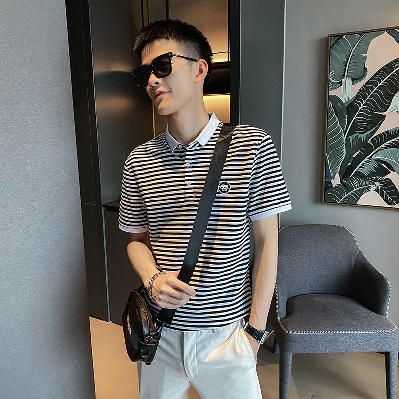 精神小伙夏季男士条纹短袖POLO衫青年翻领休闲上衣C203-5221-P48,男装T恤,电商C208