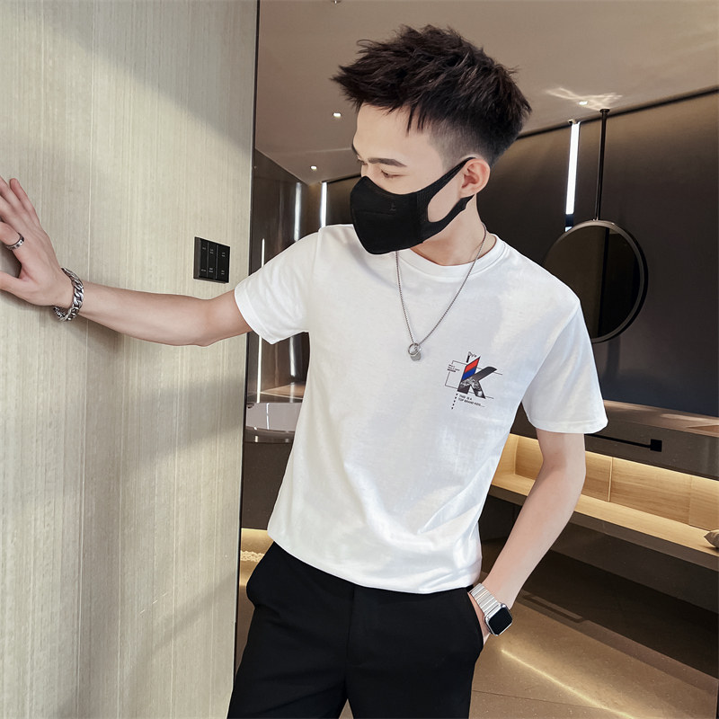 社会小伙青年男生印花短袖T恤夏季圆领休闲白色体恤C203-8830-P38图片