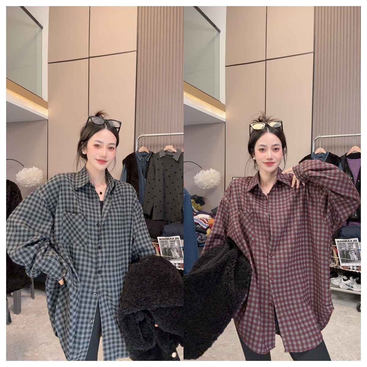 【复古吸睛】磨毛格纹~捏褶龟背简约气质穿搭时尚休闲百搭衬衣