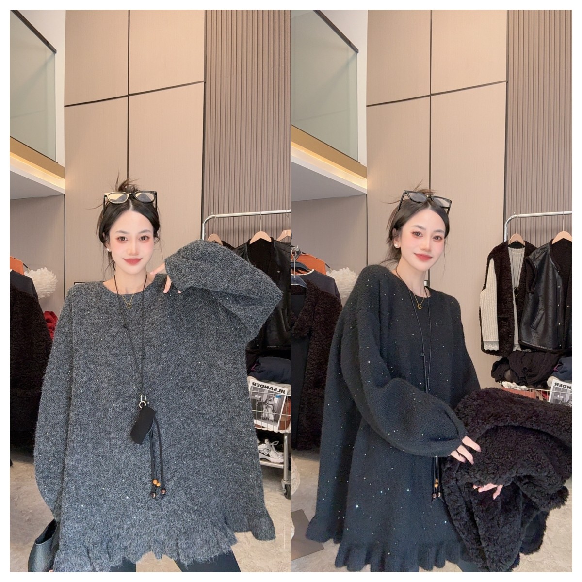 【闪闪毛衣】重工亮片~节日氛围感圆领木耳边中长款长袖毛衣