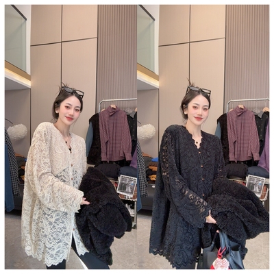 【温柔陷阱】魅力穿搭~法式甜美V领花边长袖蕾丝衫