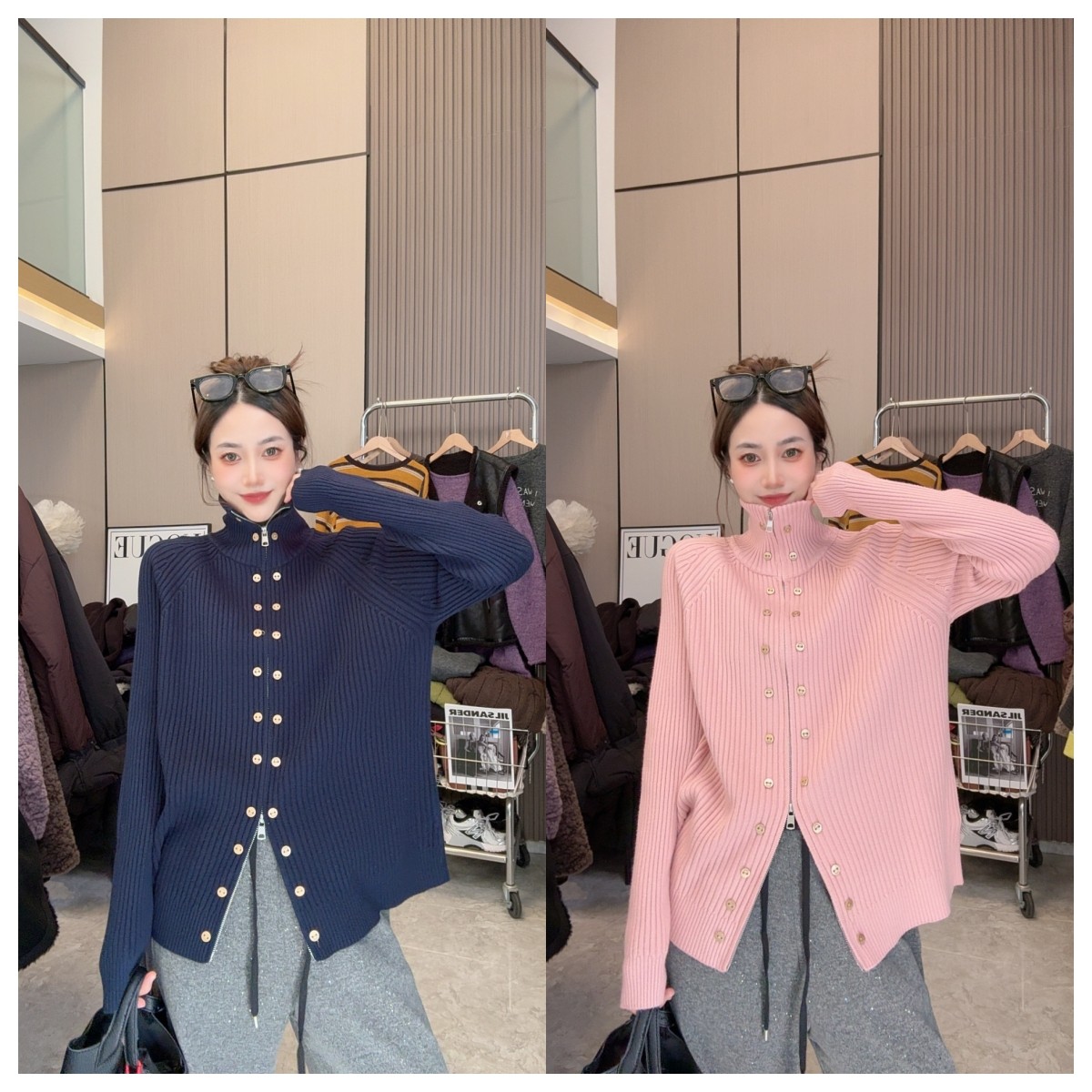 【心动选择】重工双拉链半高领单排扣时尚气质款针织长袖毛衣