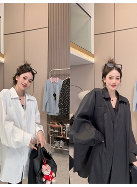 【蕾丝领口】春上新**简约蕾丝拼接宽松中长款长袖百搭衬衫