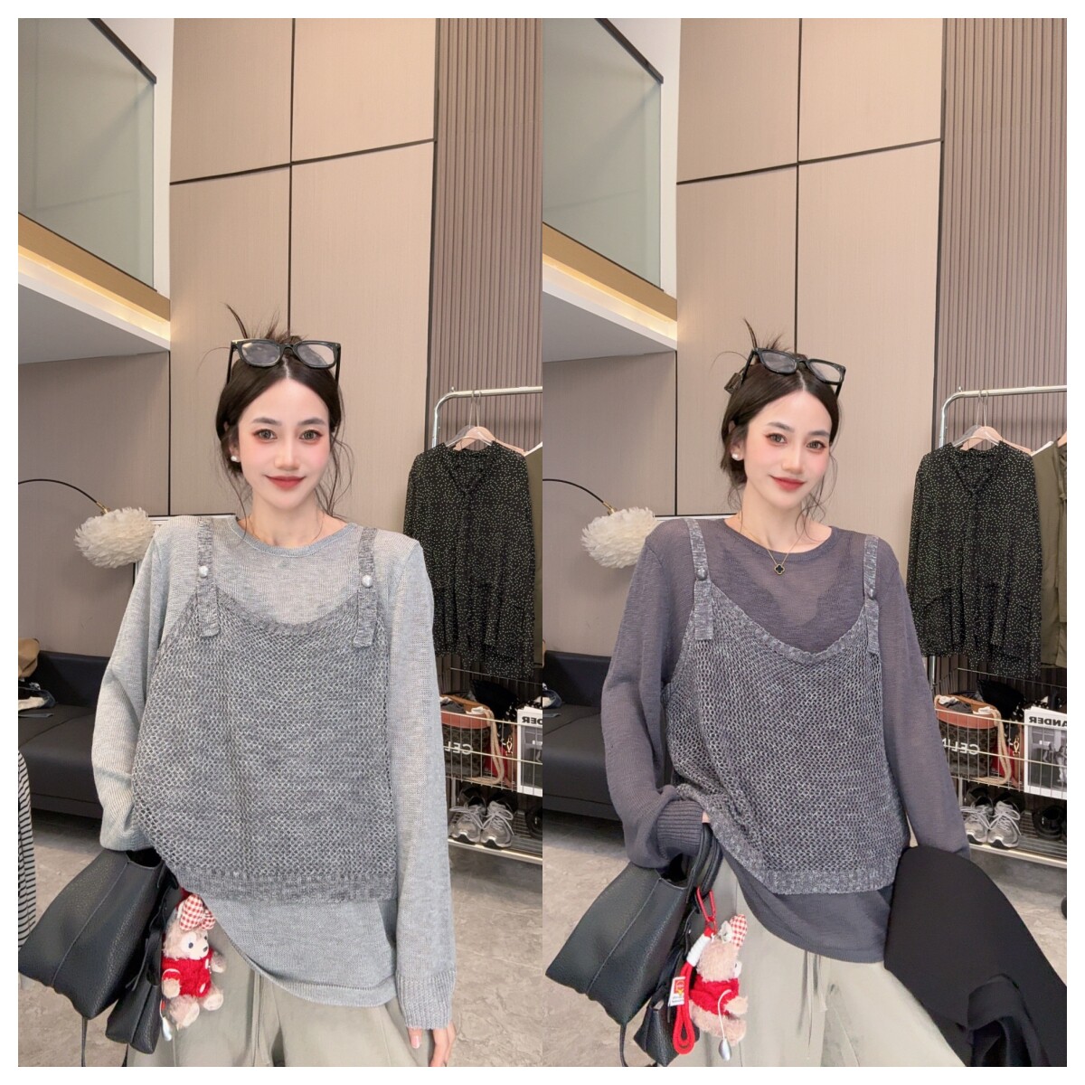 【初春王炸】时尚简约高级感钩花吊带拼接宽松假两件长袖薄款上衣