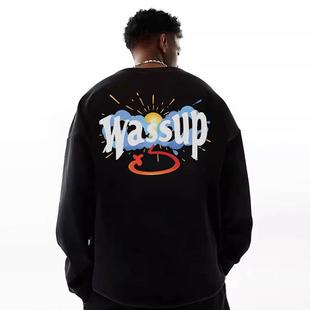 WASSUP HEODS秋冬圆领卫衣男女情侣2024重磅无帽潮牌加绒长袖美式
