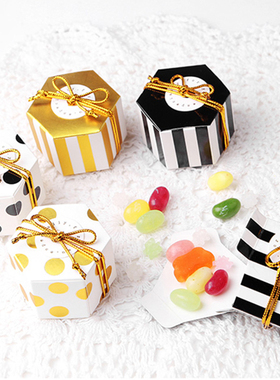 金色黑色条纹圆点六角盒情人节迷你巧克力包装纸盒糖果礼品盒定做