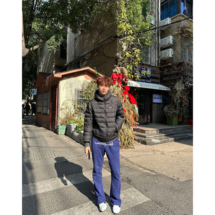 藏青色阿拉伯文刺绣裤子男美式小众设计感篮球裤子高街微喇运动裤