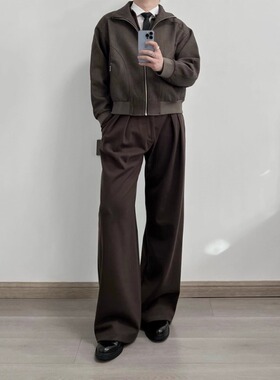 stay the night棕色混纺毛呢西裤男款直筒宽松A字版型裤子高级感