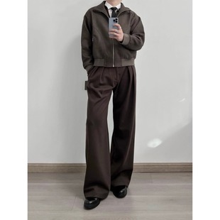 stay the night棕色混纺毛呢西裤男款直筒宽松A字版型裤子高级感
