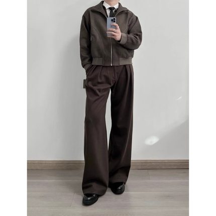 stay the night棕色混纺毛呢西裤男款直筒宽松A字版型裤子高级感