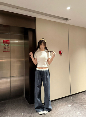 hope88拼接假两件格子裤男女夏季薄款oversize裤子慵懒垂感休闲裤