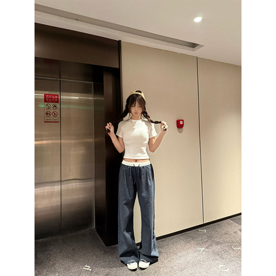 hope88拼接假两件格子裤男女夏季薄款oversize裤子慵懒垂感休闲裤