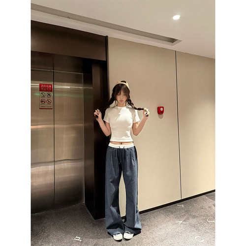 hope88拼接假两件格子裤男女夏季薄款oversize裤子慵懒垂感休闲裤