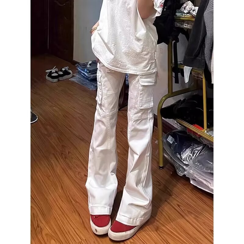 美式白色解构多口袋牛仔裤