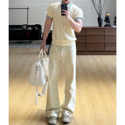 人夫感穿搭假两件麻花纹polo衫针织短袖男款夏季衬衫领t恤高级感