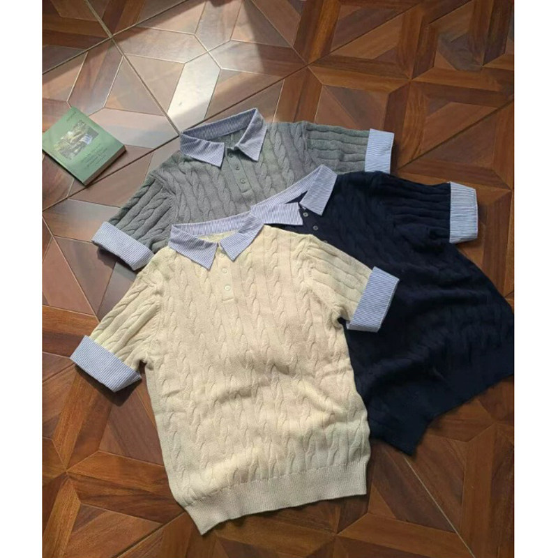 高智感三色假两件针织polo衫短袖男女夏季绞花翻领t恤正肩plol衫