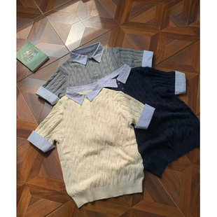高智感三色假两件针织polo衫短袖男女夏季绞花翻领t恤正肩plol衫