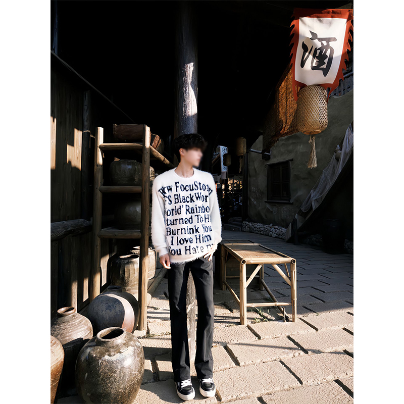 美式仿貂毛字母印花毛衣男秋冬款慵懒风针织衫小众设计感情侣线衫