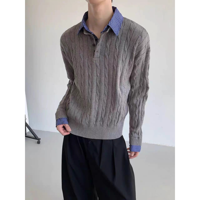 ykee假两件绞花毛衣男秋季慵懒老钱风针织衫小众设计感高级感线衫