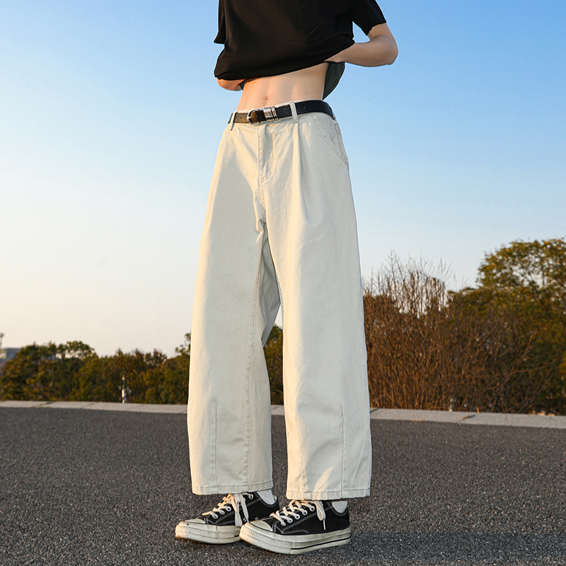 日系米白色打褶9分工装裤男