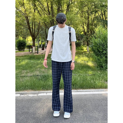 何以至此深蓝色格子裤男夏季薄款cleanfit格纹裤子直筒微喇休闲裤