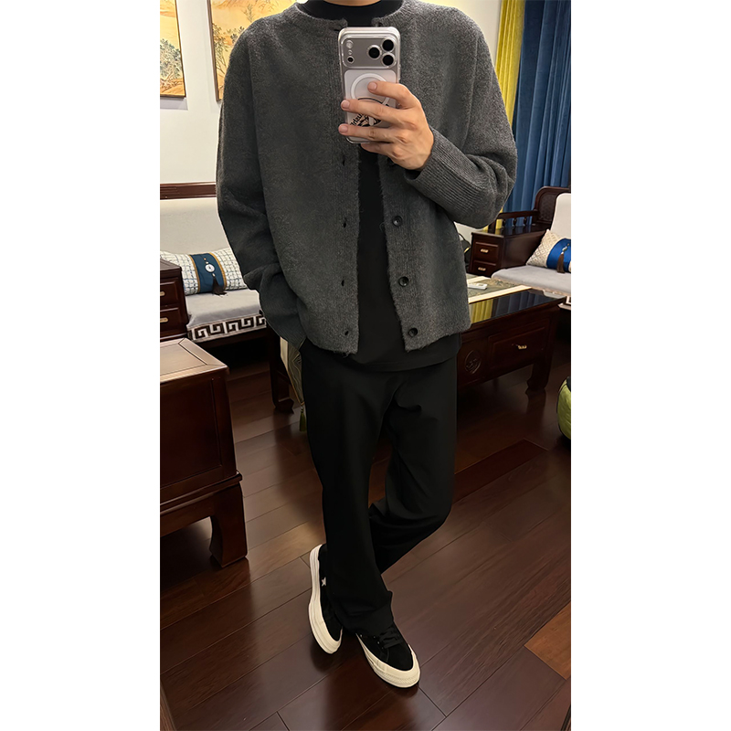 cleanfit灰色无领开衫毛衣男秋季慵懒风宽松针织衫高级感圆领线衫