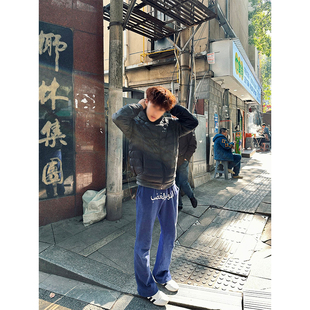 藏青色阿拉伯文刺绣卫裤男直筒美式重磅篮球裤子设计感微喇运动裤