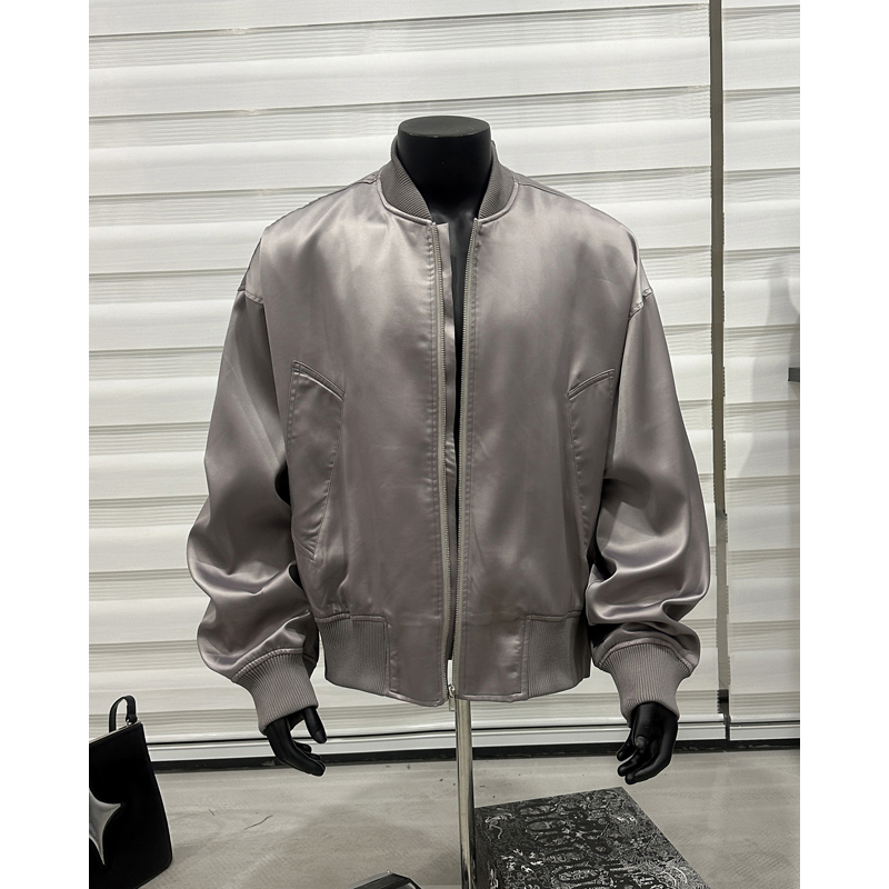 灰色仿醋酸飞行员夹克男春秋季cleanfit短款外套痞帅高级感飞行服