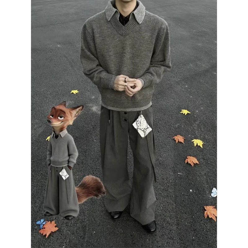 假两件衬衫领毛衣男秋冬季慵懒风翻领针织衫小众设计感老钱风线衫,男装,针织衫/毛衣,淘宝优惠券,粉丝福利购,淘宝优惠卷