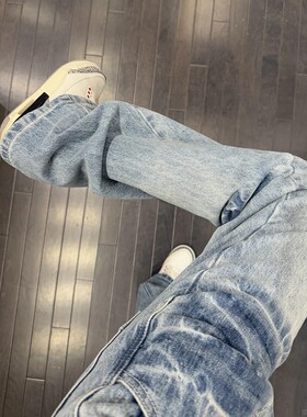 小众设计感蓝色闪电纹牛仔裤男款直筒美式vibe风裤子高街微喇叭裤