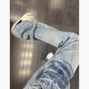 小众设计感蓝色闪电纹牛仔裤男款直筒美式vibe风裤子高街微喇叭裤