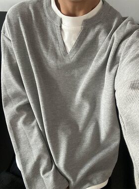 灰色假两件V领卫衣不带帽春秋薄款高支数华夫格t恤长袖高级感打底