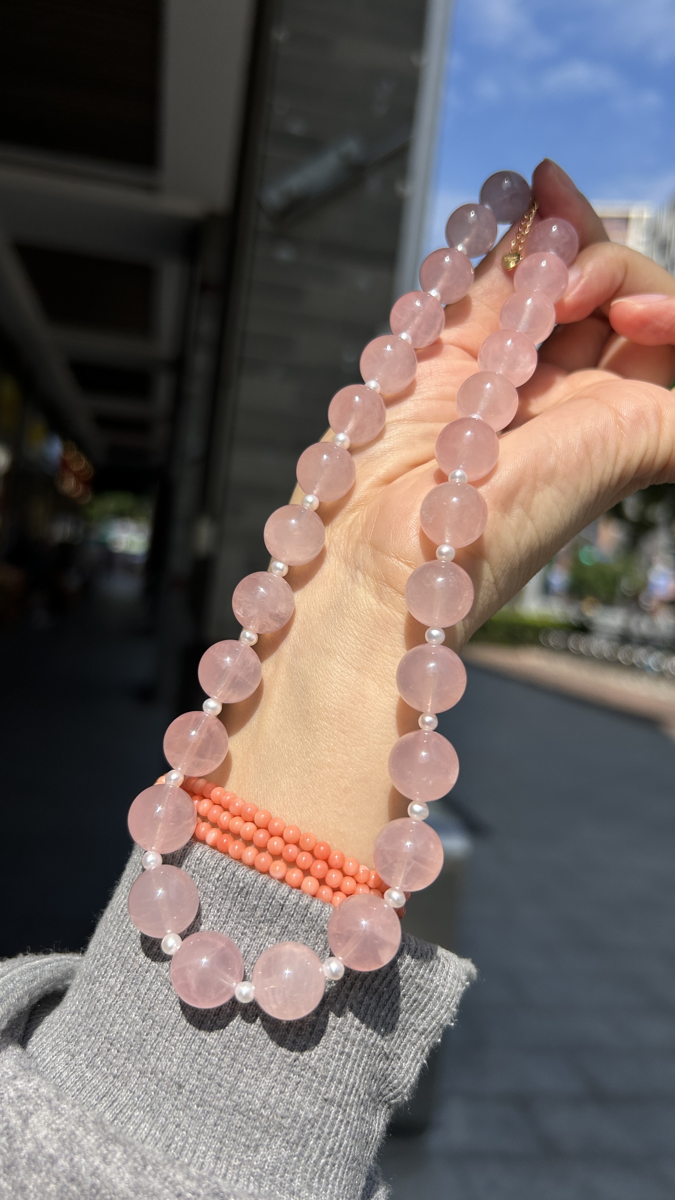 秋冬毛衣链粉水晶珍珠项链甜美时尚气质